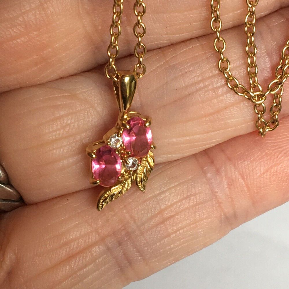 NEW PINK TOURMALINE & ZIRCON'S Flower Necklace STUNNING Gold Plated Facet/Prong